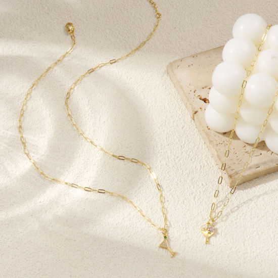 Immagine di 18K Vero Oro Placcato Catena a Graffetta Bicchiere da vino Collana con Ciondolo, Ottone + Zircone Cubico 45cm + 5cm, Per Donne, Micro Spianare, Elegante Squisito Regalo, Ecologico, 1 Pz