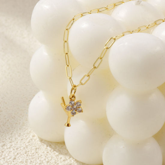 Immagine di 18K Vero Oro Placcato Catena a Graffetta Bicchiere da vino Collana con Ciondolo, Ottone + Zircone Cubico 45cm + 5cm, Per Donne, Micro Spianare, Elegante Squisito Regalo, Ecologico, 1 Pz