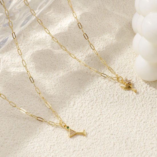 Immagine di 18K Vero Oro Placcato Catena a Graffetta Bicchiere da vino Collana con Ciondolo, Ottone + Zircone Cubico 45cm + 5cm, Per Donne, Micro Spianare, Elegante Squisito Regalo, Ecologico, 1 Pz