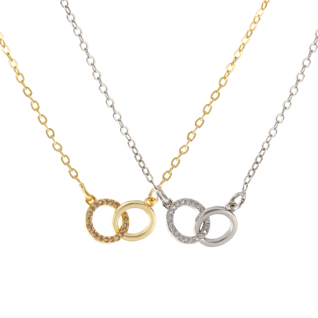 Picture of Real Gold Plated Link Cable Chain Double Rings Pendant Charm Necklace, Brass 46cm(18.1") + 5cm(2"), For Women, Clear Cubic Zirconia Micro Pave, Stylish Exquisite Gift, Eco-friendly