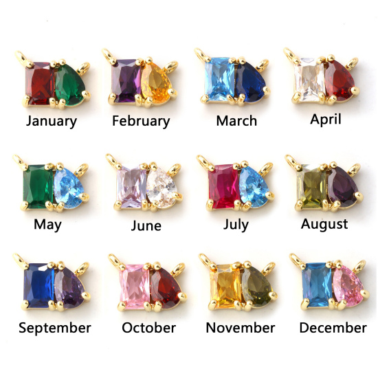 Immagine di 1 Pz Ecologico Ottone + Zircone Cubico Pietre Nascita Pendenti Charms Connettori 18K Vero Oro Placcato Goccia 10mm x 8mm