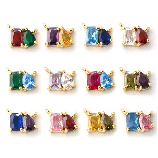 Immagine di 1 Pz Ecologico Ottone + Zircone Cubico Pietre Nascita Pendenti Charms Connettori 18K Vero Oro Placcato Goccia 10mm x 8mm