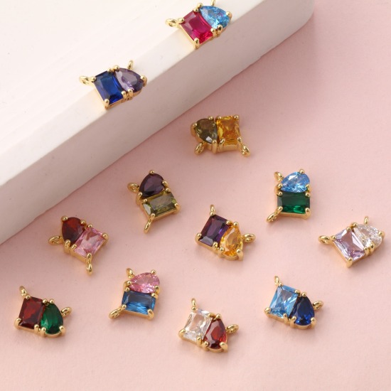 Immagine di 1 Pz Ecologico Ottone + Zircone Cubico Pietre Nascita Pendenti Charms Connettori 18K Vero Oro Placcato Goccia 10mm x 8mm