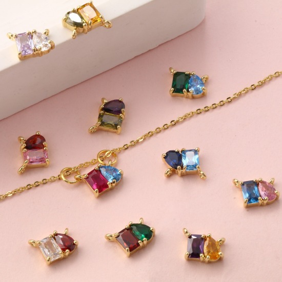 Immagine di 1 Pz Ecologico Ottone + Zircone Cubico Pietre Nascita Pendenti Charms Connettori 18K Vero Oro Placcato Goccia 10mm x 8mm