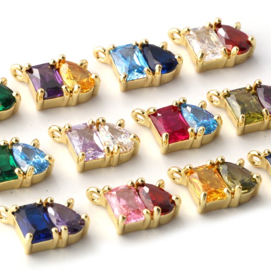 Immagine di 1 Pz Ecologico Ottone + Zircone Cubico Pietre Nascita Pendenti Charms Connettori 18K Vero Oro Placcato Goccia 10mm x 8mm