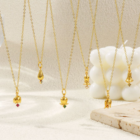 18K Real Gold Plated Link Cable Chain Flower Pendant Charm Necklace, Brass & Cubic Zirconia 46cm(18.1") + 6cm(2.4"), For Women, Birthstone Elegant Gift, Eco-friendly