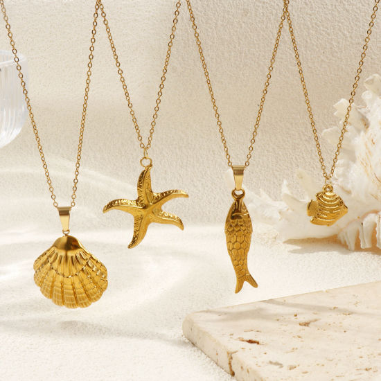 18K Real Gold Plated Link Cable Chain Pendant Charm Necklace, 304 Stainless Steel 45cm(17.7") + 5cm(2"), For Women, Ocean Jewelry Stylish Gift, Eco-friendly PVD Vacuum Plating の画像