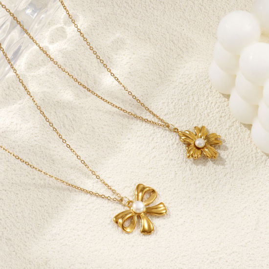 Immagine di 18K Real Gold Plated Link Cable Chain Pendant Charm Necklace, 304 Stainless Steel & Natural Pearl 45cm(17.7") + 5cm(2"), For Women, White Exquisite Stylish Gift, Eco-friendly PVD Vacuum Plating