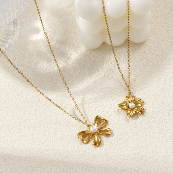 Immagine di 18K Real Gold Plated Link Cable Chain Pendant Charm Necklace, 304 Stainless Steel & Natural Pearl 45cm(17.7") + 5cm(2"), For Women, White Exquisite Stylish Gift, Eco-friendly PVD Vacuum Plating