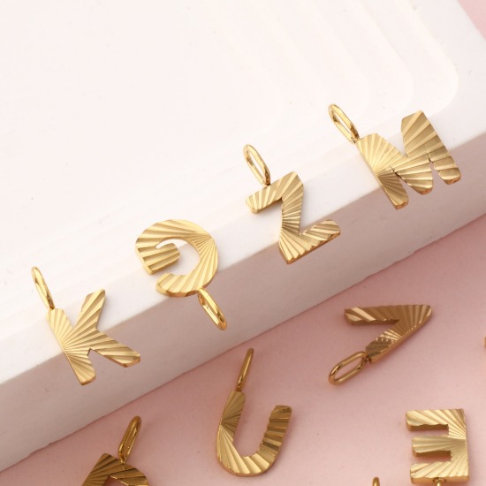 Picture of Eco-friendly PVD Vacuum Plating 304 Stainless Steel Capital Alphabet Initial Letter Name Charms 18K Real Gold Plated Stripe Message " A-Z "