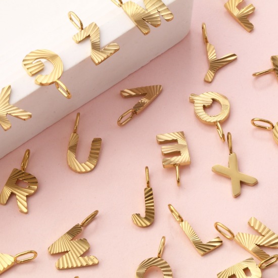 Picture of Eco-friendly PVD Vacuum Plating 304 Stainless Steel Capital Alphabet Initial Letter Name Charms 18K Real Gold Plated Stripe Message " A-Z "