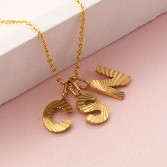 Picture of Eco-friendly PVD Vacuum Plating 304 Stainless Steel Capital Alphabet Initial Letter Name Charms 18K Real Gold Plated Stripe Message " A-Z "