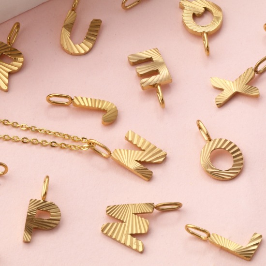 Picture of Eco-friendly PVD Vacuum Plating 304 Stainless Steel Capital Alphabet Initial Letter Name Charms 18K Real Gold Plated Stripe Message " A-Z "
