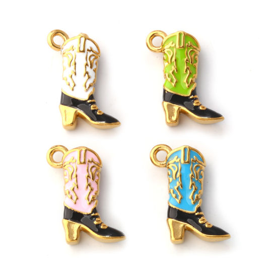 Bild von Umweltfreundliche PVD-Vakuumbeschichtung 304 Edelstahl West-Cowboy Charms 18K Vergoldet Emaille Stiefel 3D 19mm x 14mm