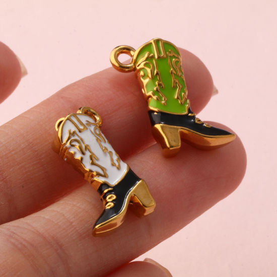 Bild von Umweltfreundliche PVD-Vakuumbeschichtung 304 Edelstahl West-Cowboy Charms 18K Vergoldet Emaille Stiefel 3D 19mm x 14mm