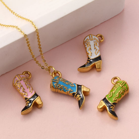 Bild von Umweltfreundliche PVD-Vakuumbeschichtung 304 Edelstahl West-Cowboy Charms 18K Vergoldet Emaille Stiefel 3D 19mm x 14mm