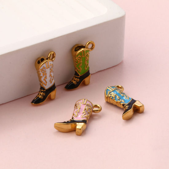 Bild von Umweltfreundliche PVD-Vakuumbeschichtung 304 Edelstahl West-Cowboy Charms 18K Vergoldet Emaille Stiefel 3D 19mm x 14mm