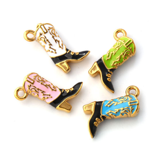 Bild von Umweltfreundliche PVD-Vakuumbeschichtung 304 Edelstahl West-Cowboy Charms 18K Vergoldet Emaille Stiefel 3D 19mm x 14mm
