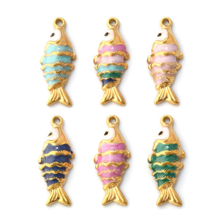 Bild von Umweltfreundliche PVD-Vakuumbeschichtung 304 Edelstahl Ozean Schmuck Charms 18K Vergoldet Emaille Fisch Perlmuttartig 26mm x 10mm