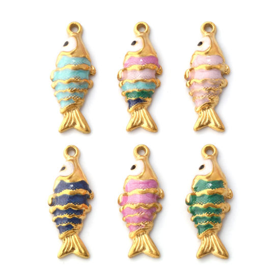 Immagine di 1 Pz Placcatura Sottovuoto PVD Ecologica 304 Acciaio Inossidabile Gioielli Oceanici Ciondoli Placcato Oro 18K Smalto Pesce Madreperla 26mm x 10mm