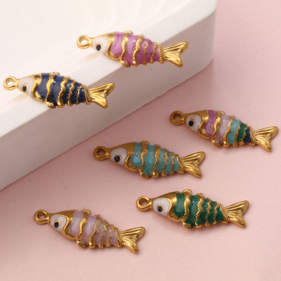 Immagine di 1 Pz Placcatura Sottovuoto PVD Ecologica 304 Acciaio Inossidabile Gioielli Oceanici Ciondoli Placcato Oro 18K Smalto Pesce Madreperla 26mm x 10mm