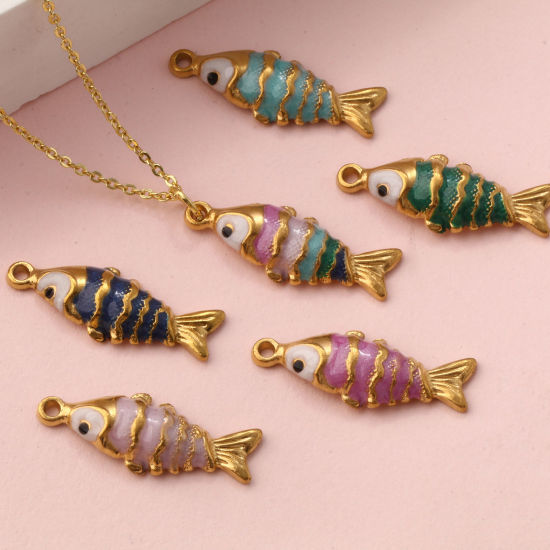 Immagine di 1 Pz Placcatura Sottovuoto PVD Ecologica 304 Acciaio Inossidabile Gioielli Oceanici Ciondoli Placcato Oro 18K Smalto Pesce Madreperla 26mm x 10mm