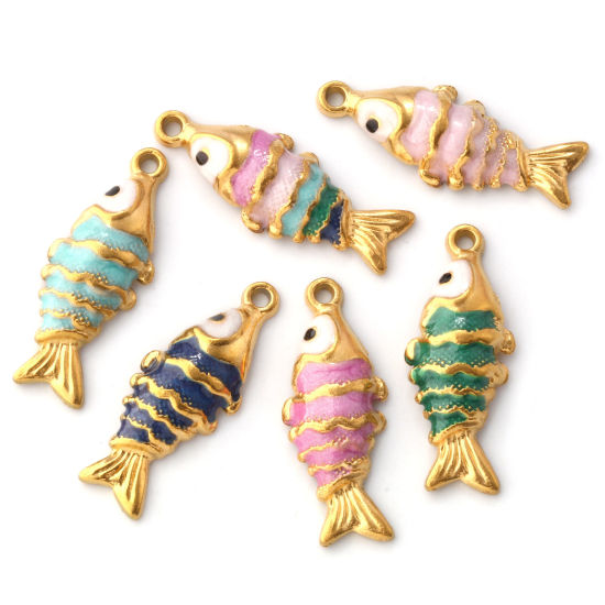 Immagine di 1 Pz Placcatura Sottovuoto PVD Ecologica 304 Acciaio Inossidabile Gioielli Oceanici Ciondoli Placcato Oro 18K Smalto Pesce Madreperla 26mm x 10mm