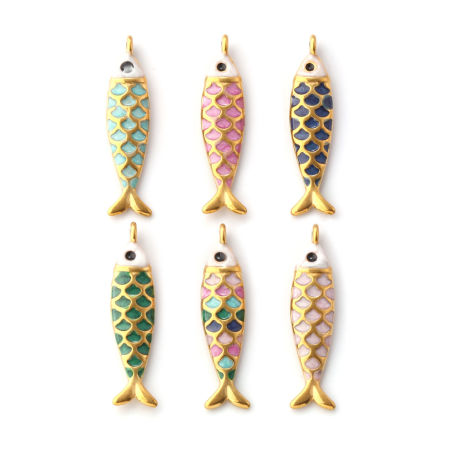 Eco-friendly PVD Vacuum Plating 304 Stainless Steel Ocean Jewelry Charms 18K Gold Plated Enamel Fish Animal Pearlized 26mm x 6mm