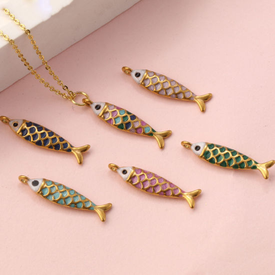 Immagine di 1 Pz Placcatura Sottovuoto PVD Ecologica 304 Acciaio Inossidabile Gioielli Oceanici Ciondoli Placcato Oro 18K Smalto Pesce Madreperla 26mm x 6mm