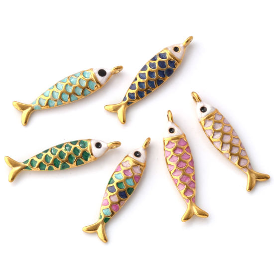 Immagine di 1 Pz Placcatura Sottovuoto PVD Ecologica 304 Acciaio Inossidabile Gioielli Oceanici Ciondoli Placcato Oro 18K Smalto Pesce Madreperla 26mm x 6mm