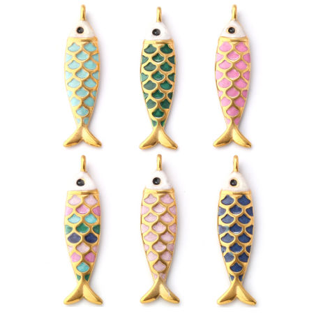Bild von Umweltfreundliche PVD-Vakuumbeschichtung 304 Edelstahl Ozean Schmuck Anhänger 18K Vergoldet Emaille Fisch Perlmuttartig 4.9cm x 1.2cm
