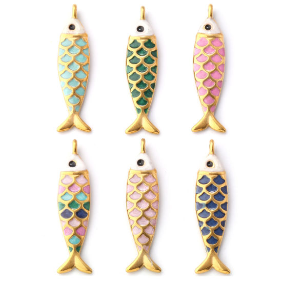 Изображение 1 ШТ Экологичное вакуумное PVD-покрытие 304 Нержавеющая Сталь Морские Украшения Подвески 18K позолоченный С Эмалью Рыба Перлитный 4.9см x 1.2см