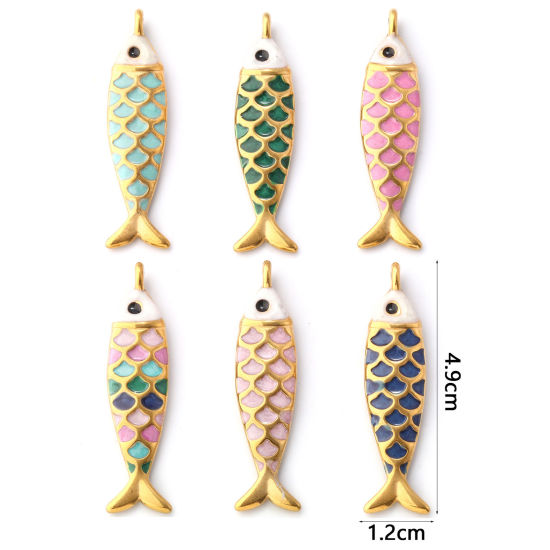 Изображение 1 ШТ Экологичное вакуумное PVD-покрытие 304 Нержавеющая Сталь Морские Украшения Подвески 18K позолоченный С Эмалью Рыба Перлитный 4.9см x 1.2см