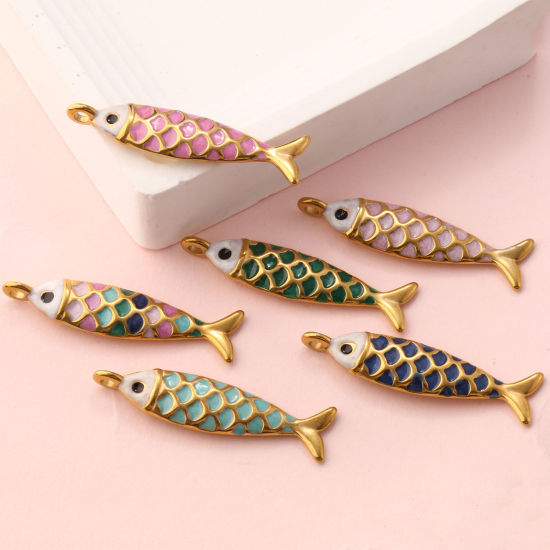 Изображение 1 ШТ Экологичное вакуумное PVD-покрытие 304 Нержавеющая Сталь Морские Украшения Подвески 18K позолоченный С Эмалью Рыба Перлитный 4.9см x 1.2см