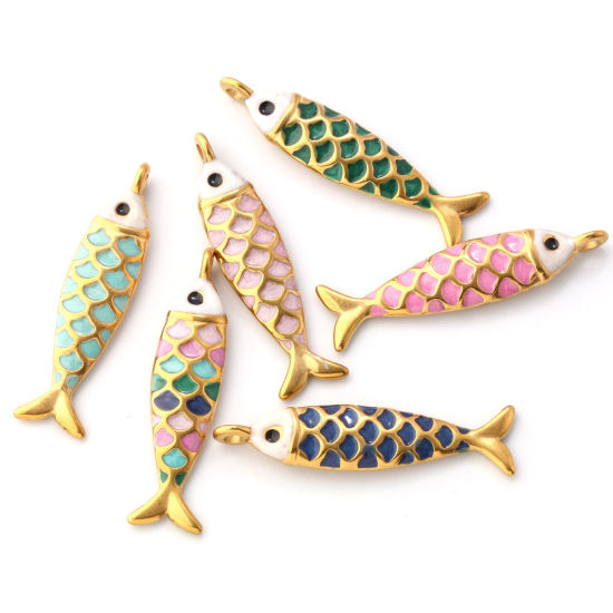Изображение 1 ШТ Экологичное вакуумное PVD-покрытие 304 Нержавеющая Сталь Морские Украшения Подвески 18K позолоченный С Эмалью Рыба Перлитный 4.9см x 1.2см