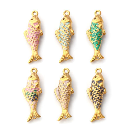 Picture of Eco-friendly PVD Vacuum Plating 304 Stainless Steel Ocean Jewelry Connectors Charms Pendants 18K Gold Plated Enamel Fish Animal Pearlized