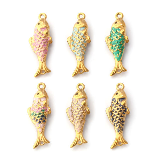 Picture of Eco-friendly PVD Vacuum Plating 304 Stainless Steel Ocean Jewelry Connectors Charms Pendants 18K Gold Plated Enamel Fish Animal Pearlized