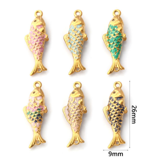 Picture of Eco-friendly PVD Vacuum Plating 304 Stainless Steel Ocean Jewelry Connectors Charms Pendants 18K Gold Plated Enamel Fish Animal Pearlized
