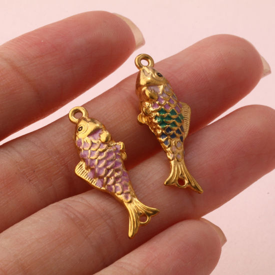 Picture of Eco-friendly PVD Vacuum Plating 304 Stainless Steel Ocean Jewelry Connectors Charms Pendants 18K Gold Plated Enamel Fish Animal Pearlized