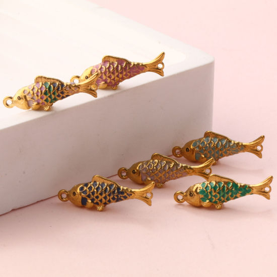 Picture of Eco-friendly PVD Vacuum Plating 304 Stainless Steel Ocean Jewelry Connectors Charms Pendants 18K Gold Plated Enamel Fish Animal Pearlized