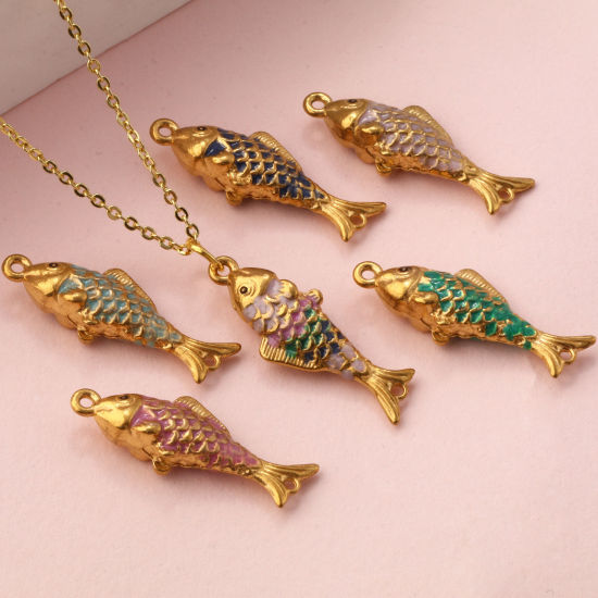 Picture of Eco-friendly PVD Vacuum Plating 304 Stainless Steel Ocean Jewelry Connectors Charms Pendants 18K Gold Plated Enamel Fish Animal Pearlized