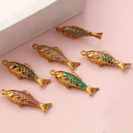 Picture of Eco-friendly PVD Vacuum Plating 304 Stainless Steel Ocean Jewelry Connectors Charms Pendants 18K Gold Plated Enamel Fish Animal Pearlized