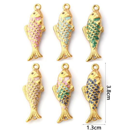 Bild von Umweltfreundliche PVD-Vakuumbeschichtung 304 Edelstahl Ozean Schmuck Steckverbinder Charms Anhänger Fisch 18K Vergoldet Emaille Perlmuttartig 3.8cm x 1.3cm