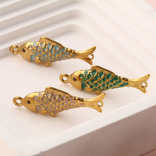 Bild von Umweltfreundliche PVD-Vakuumbeschichtung 304 Edelstahl Ozean Schmuck Steckverbinder Charms Anhänger Fisch 18K Vergoldet Emaille Perlmuttartig 3.8cm x 1.3cm