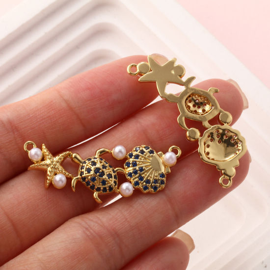 Immagine di 1 Pz Ottone + Zircone Cubico Gioielli Oceanici Pendenti Charms Connettori Placcato Oro 18K Bianco Conchiglia Stella Marina Perla Imitato Acrilico 3.5cm x 1.4cm