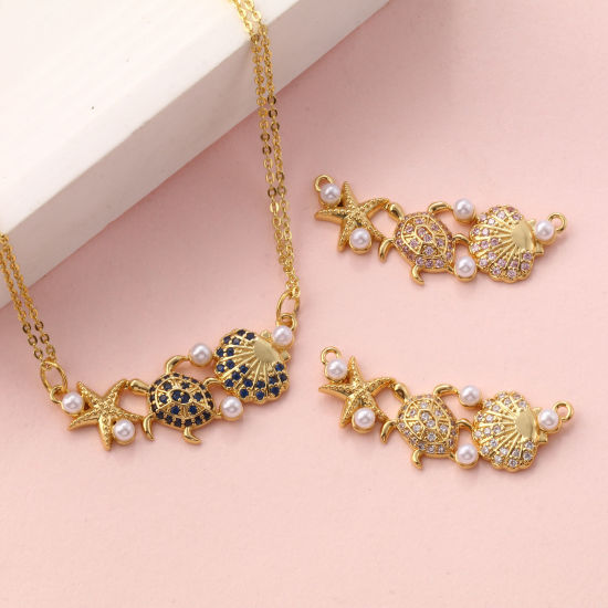 Immagine di 1 Pz Ottone + Zircone Cubico Gioielli Oceanici Pendenti Charms Connettori Placcato Oro 18K Bianco Conchiglia Stella Marina Perla Imitato Acrilico 3.5cm x 1.4cm