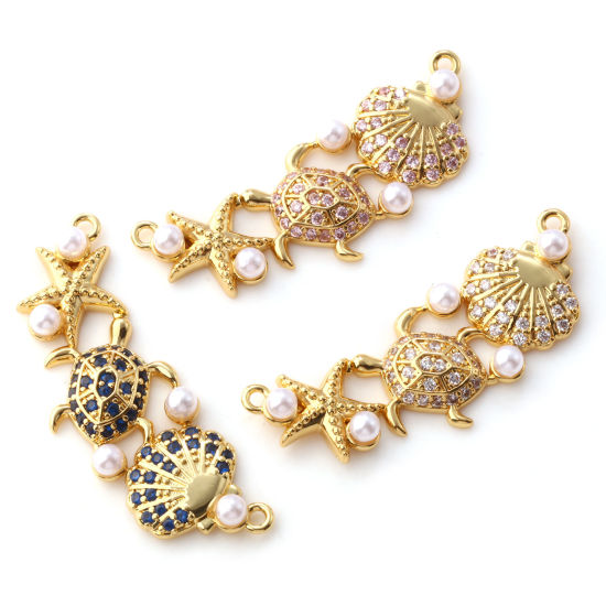 Immagine di 1 Pz Ottone + Zircone Cubico Gioielli Oceanici Pendenti Charms Connettori Placcato Oro 18K Bianco Conchiglia Stella Marina Perla Imitato Acrilico 3.5cm x 1.4cm