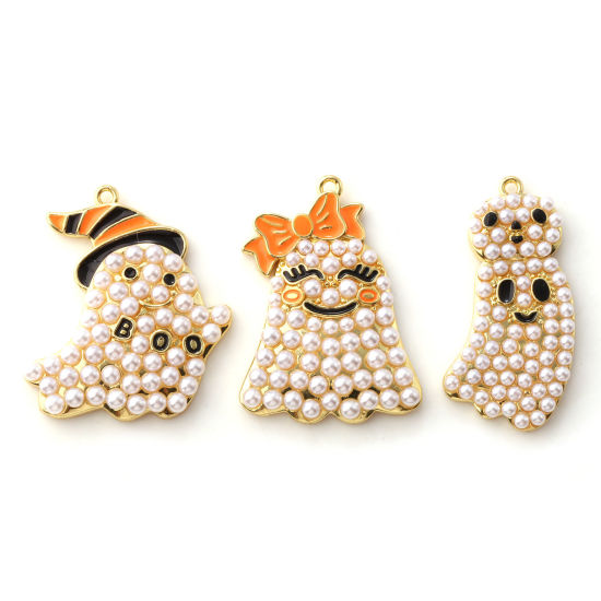 Immagine di 1 Pz Ottone Ciondoli Pendenti Placcato Oro 18K Halloween Fantasma Perla Imitato Acrilico