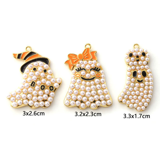 Immagine di 1 Pz Ottone Ciondoli Pendenti Placcato Oro 18K Halloween Fantasma Perla Imitato Acrilico