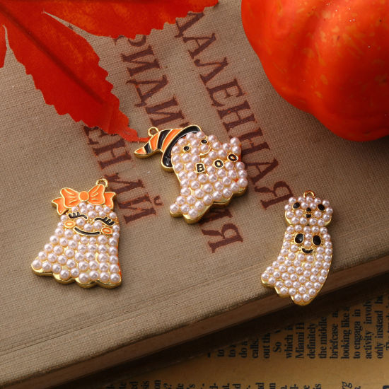 Immagine di 1 Pz Ottone Ciondoli Pendenti Placcato Oro 18K Halloween Fantasma Perla Imitato Acrilico
